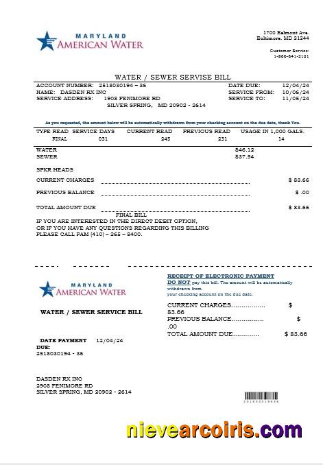 USA Maryland American water business utility bill